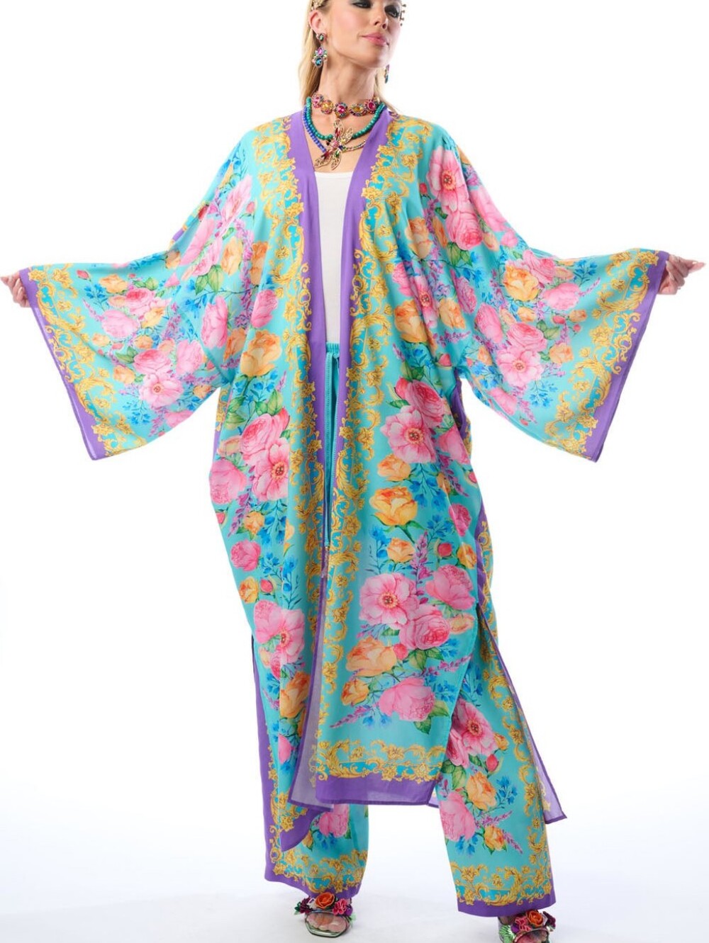 Aratta Blossom Maxi Kimono Aqua Floral NWT one size